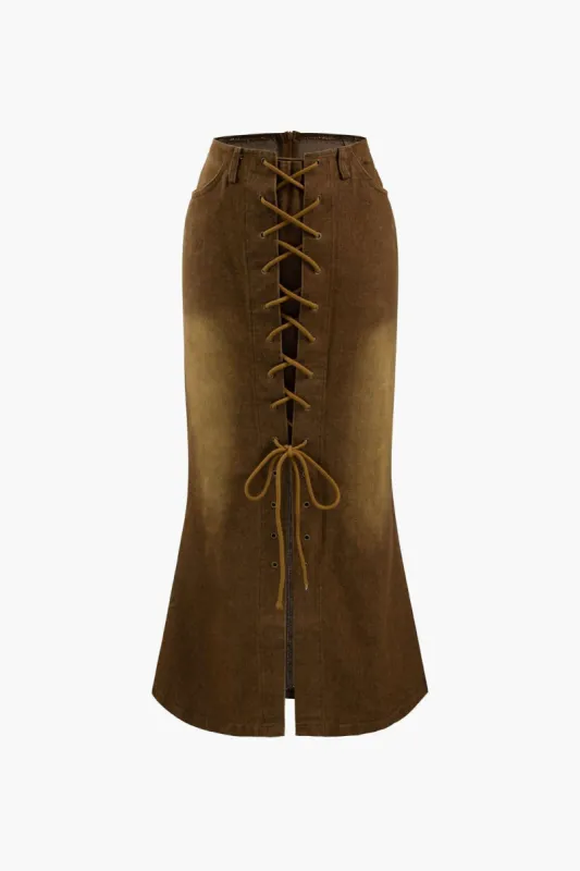 Faded Lace-up Front Denim Midi Skirt sold by Micas