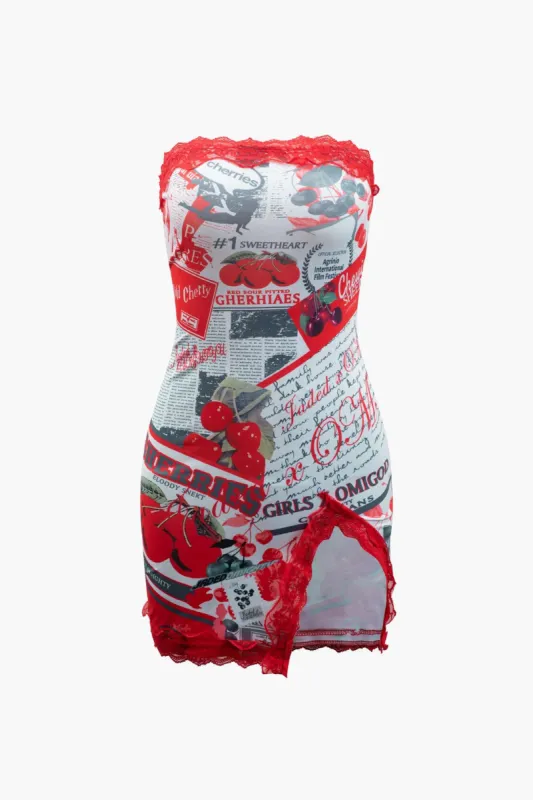 Cherry Print Lace Trim Slit Mini Dress sold by Micas