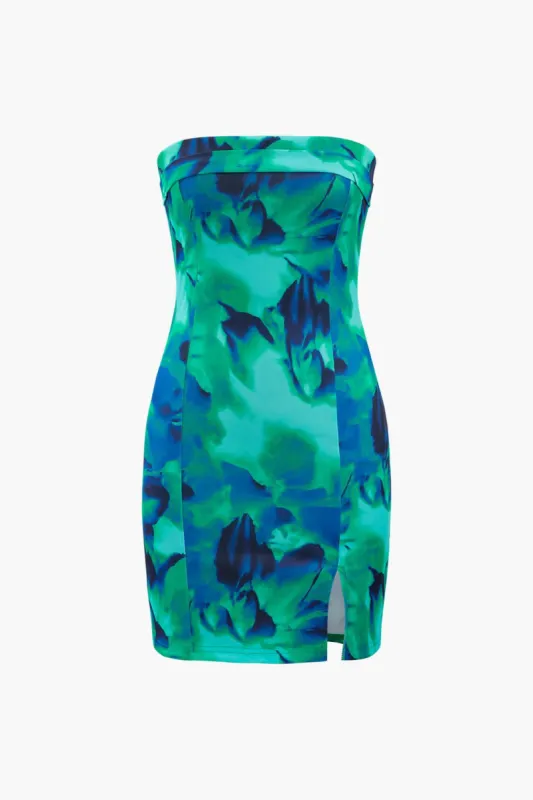 Tie farvestofprint stropløs spalte mini kjole sold by Micas