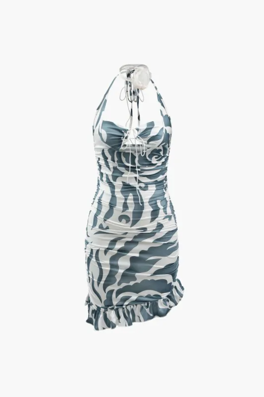 Printed Asymmetric Ruffle Hem Halter Mini Dress sold by Micas