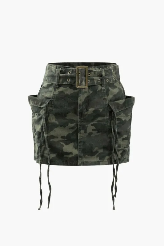 Camo Print Belted Cargo Mini Skirt sold by Micas