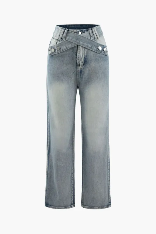 Cross Waist Straight Leg Jeans sold by Micas
