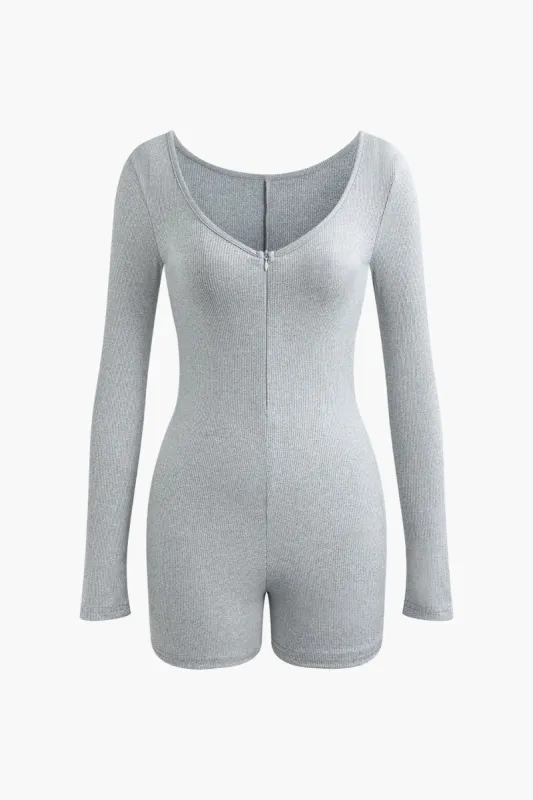 Solid V-neck Rib Knit Long Sleeve Romper sold by Micas