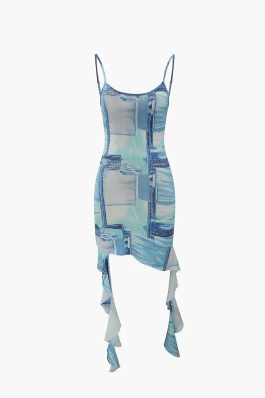 Denim Print Ruffle Mini Dress sold by Micas