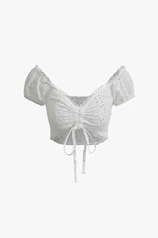 Off-Shoulder Embroidered Eyelet Crop Blouse sold by Micas