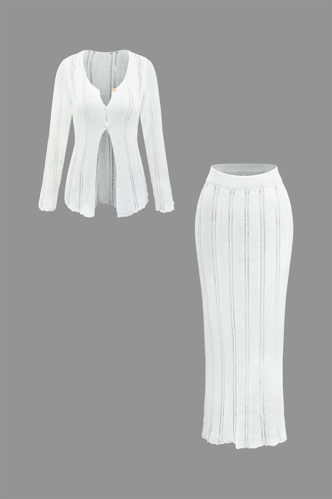 Open Knit Button Long Sleeve Top And Maxi Skirt Set sold by Micas product image thumbnail 2