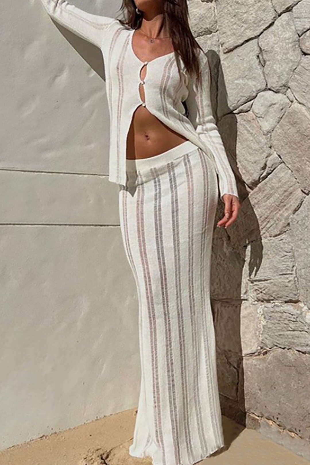 Open Knit Button Long Sleeve Top And Maxi Skirt Set sold by Micas