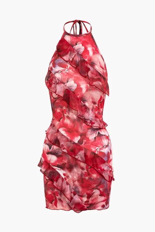Blomsterprint Ruffle rygfri slips tilbage mini kjole sold by Micas