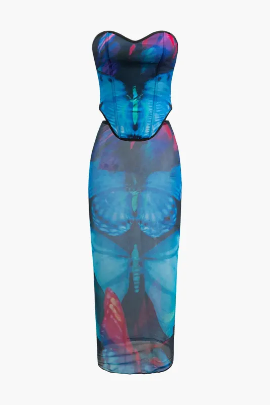 Butterfly Print Strapless Corset Top And Mesh Midi Skirt Set sold by Micas