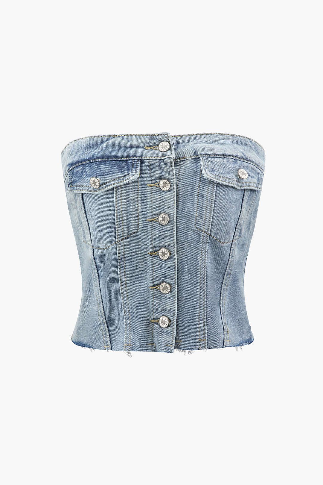 Buttoned Denim Strapless Top sold by Micas