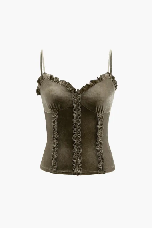 V-neck Frill Trim Velvet Cami Top sold by Micas