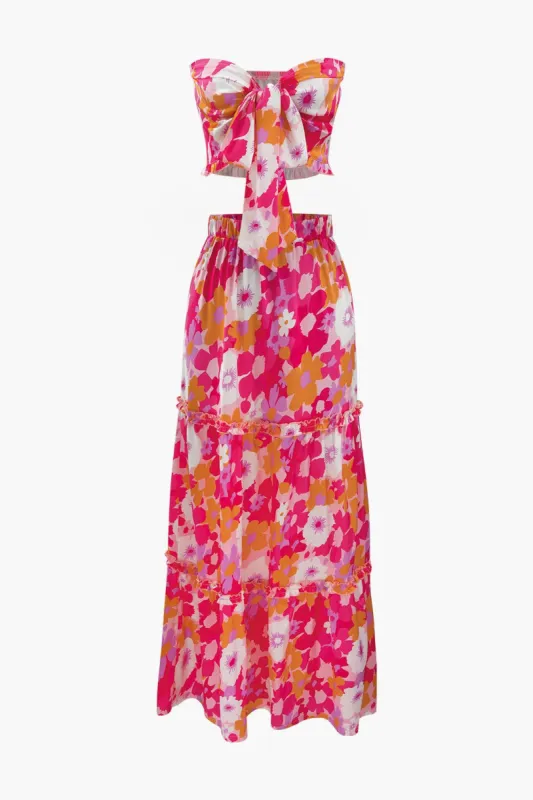 Floral Print Knot Tube Top And Frill Maxi Skirt Set sold by Micas