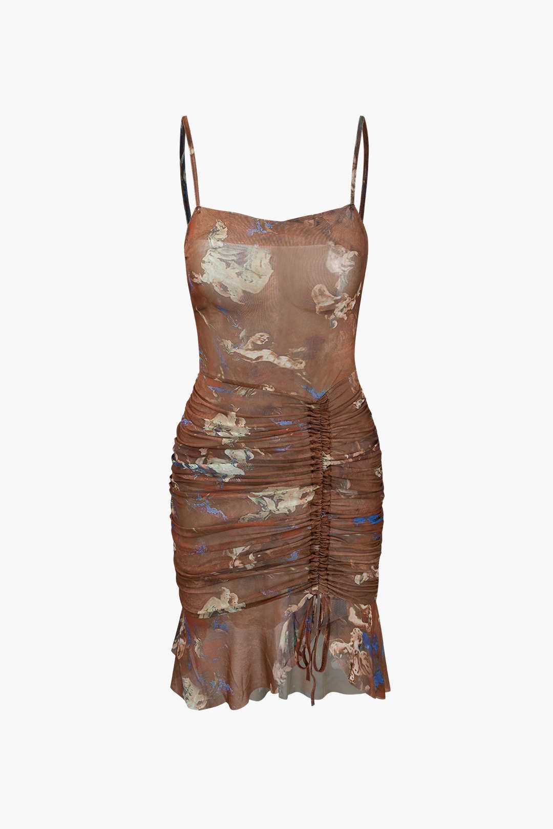 Retro Print Sheer Mesh Drawstring Mini Dress sold by Micas