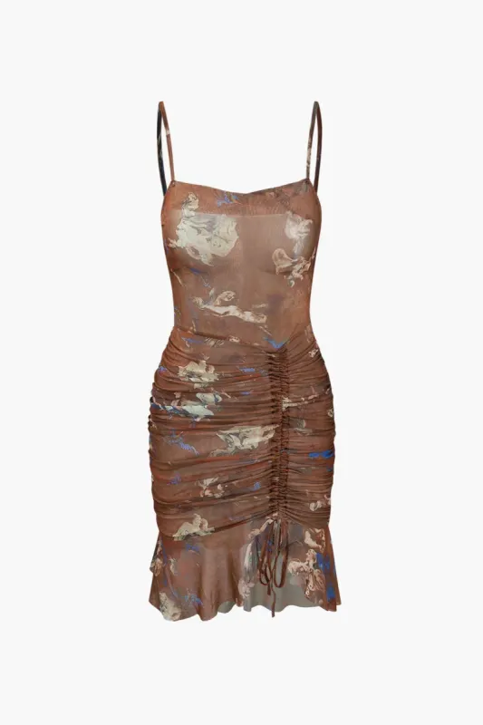 Retro Print Sheer Mesh Drawstring Mini Dress sold by Micas