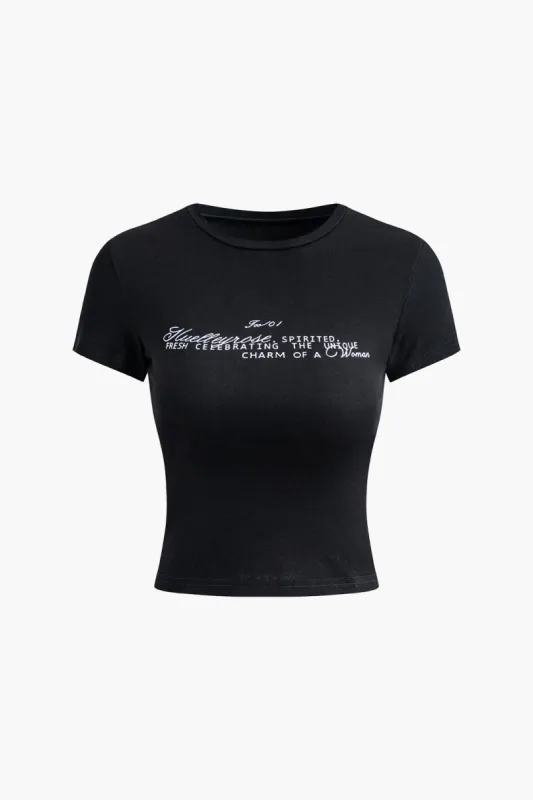 Letter Print Round Neck Crop T-shirt sold by Micas