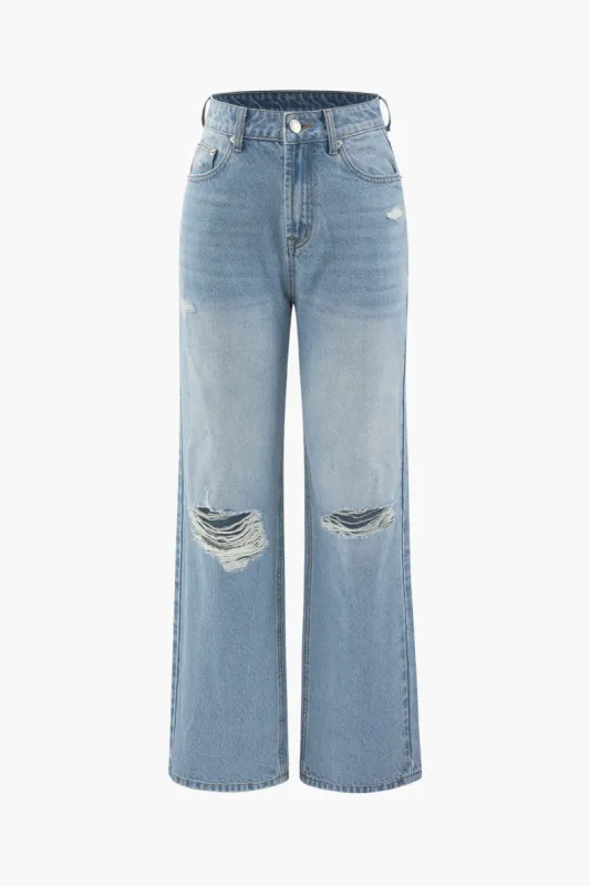 Faded Destroyed Straight Leg Jeans sold by Micas
