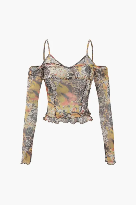 Printed Cold Shoulder Mesh Crop Top sold by Micas