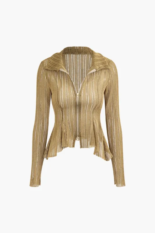 Open Knit Collar Zipper Long Sleeve Top sold by Micas