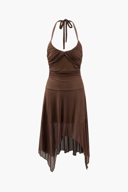 Halter Neck Asymmetric Hem Midi Dress sold by Micas