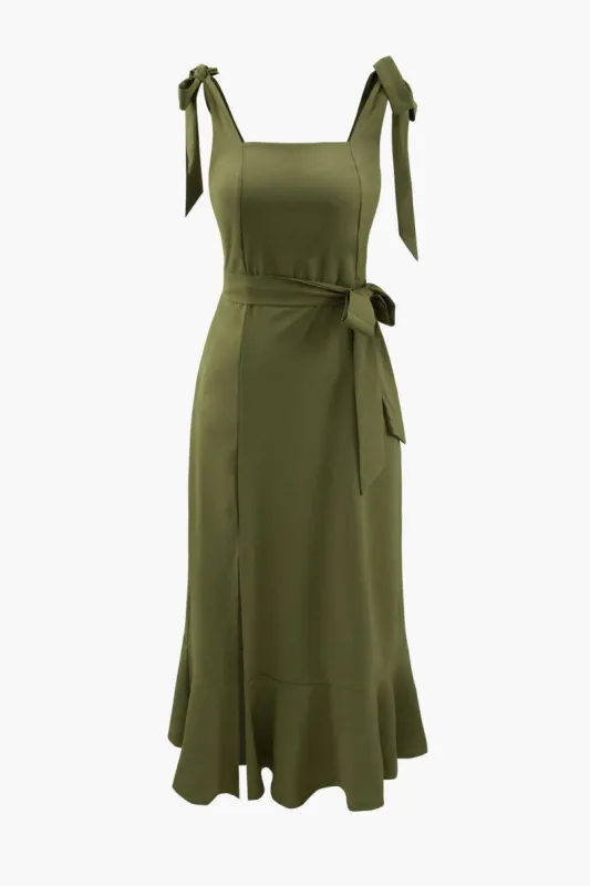 Tie Strap Belted Ruffle Hem Slit Maxi Dress sold by Micas