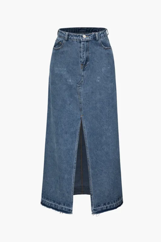 Distressed Slit Front Denim Skirt sold by Micas