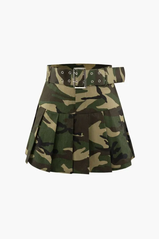 Camo Print Belted Pleated Mini Skirt sold by Micas