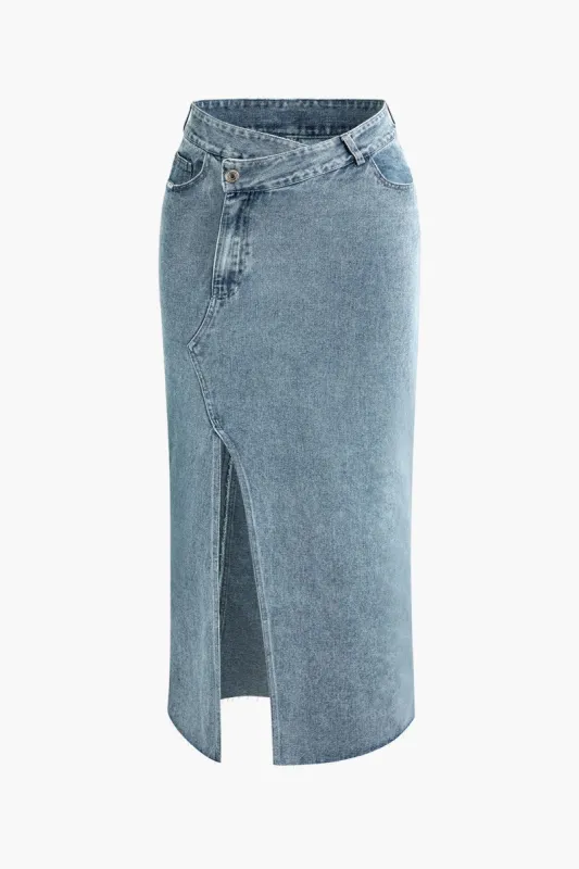 Asymmetric Denim Pocket Slit Skirt sold by Micas