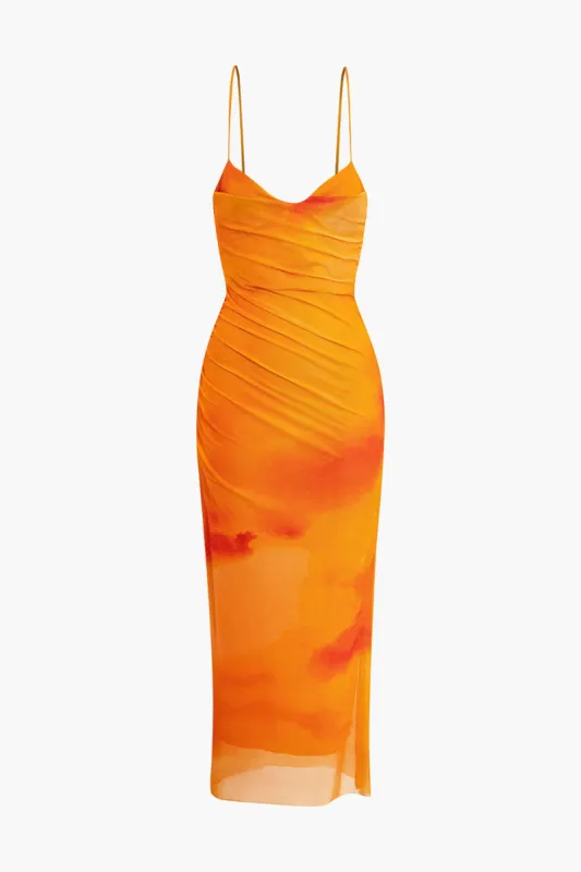 Tie Dye Ruched Mesh Spaghetti Strap Midi Dress sold by Micas