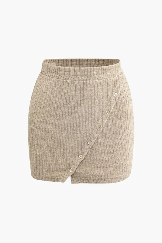 Rib Knit Asymmetric Button Mini Skirt sold by Micas