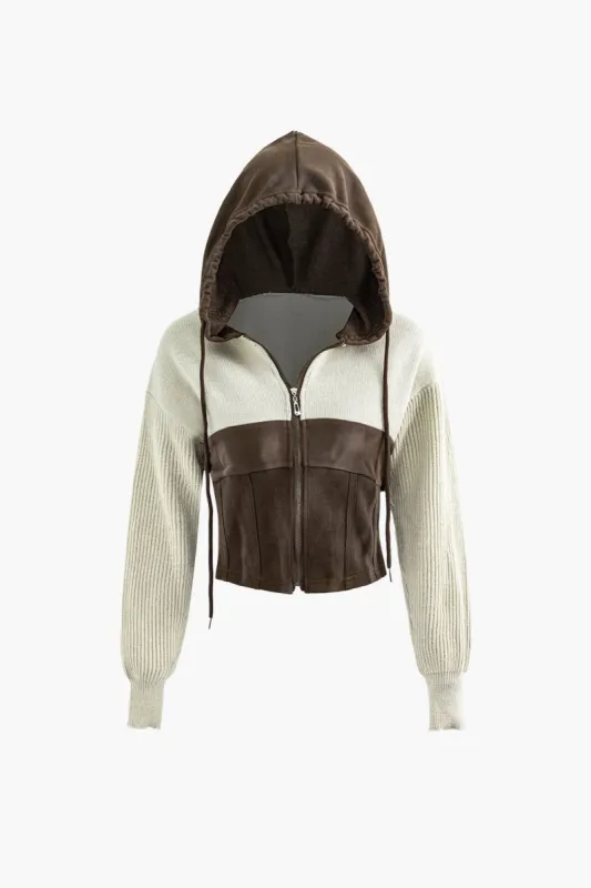 Patchwork Hooded Knit Zipper Cardigan sold by Micas