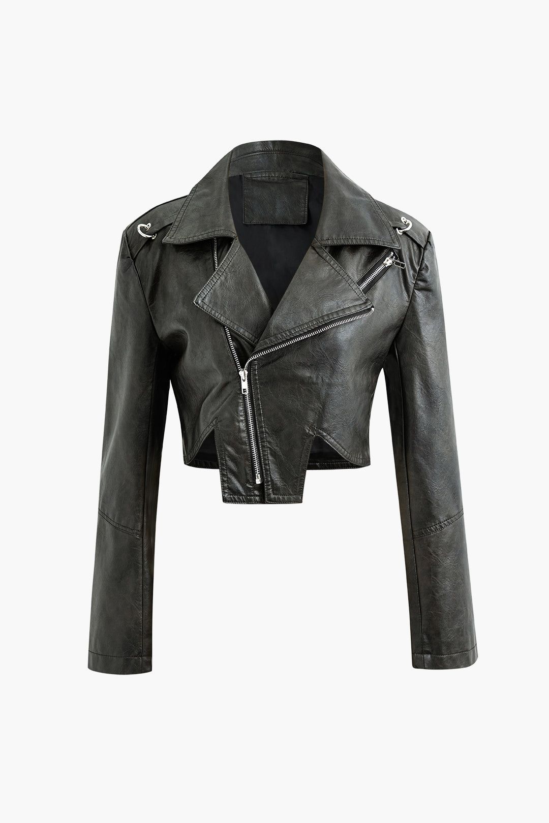 Faux Leather Notched Lapel Zipper Crop Jacket sold by Micas