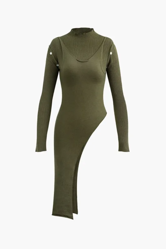Mock Neck Asymmetric Button Knit Top sold by Micas
