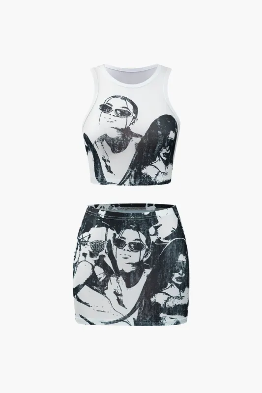 Portrait Print Tank Top And Mini Skirt Set sold by Micas