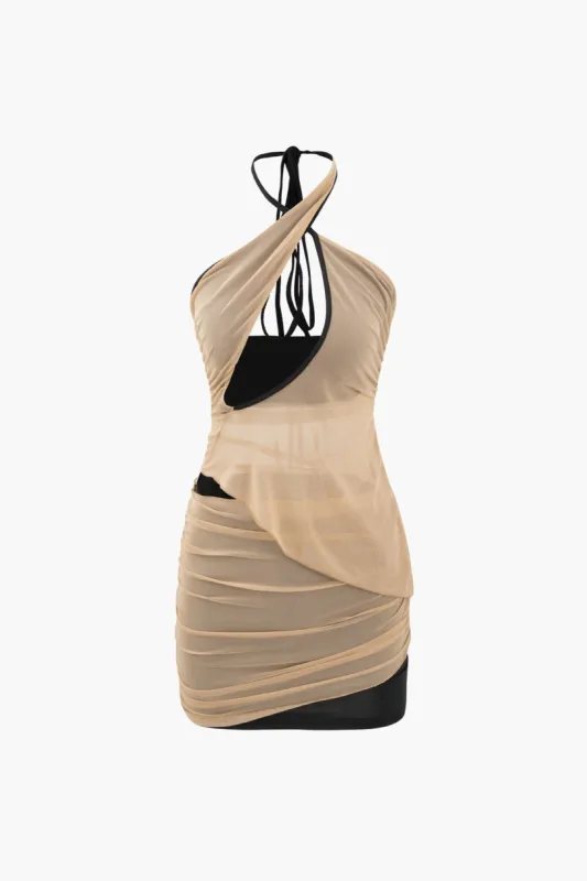 Halter Neck Mesh Cut Out Top And Mini Skirt Set sold by Micas