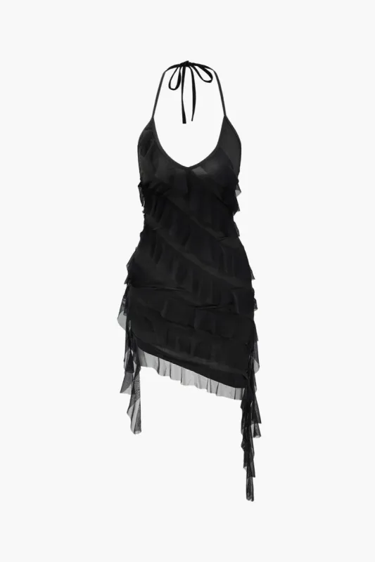 Asymmetric Tiered Ruffle Halter Mini Dress sold by Micas