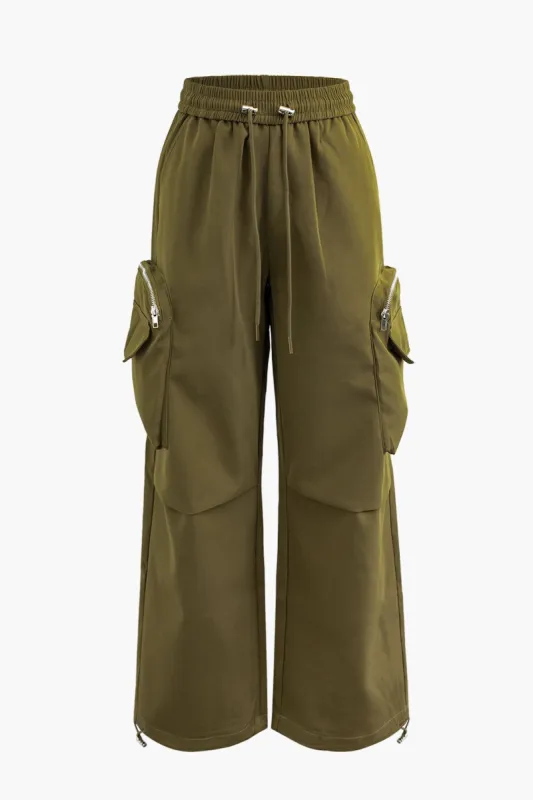 Drawstring Zipper Pocket Wide Leg Cargo Pants sold by Micas
