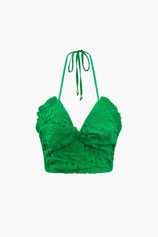 Embroidered Eyelet Halter Neck Crop Top sold by Micas