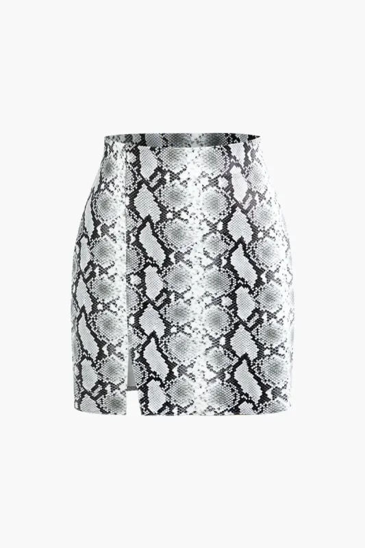 Snake Print Faux Leather Split Mini Skirt sold by Micas