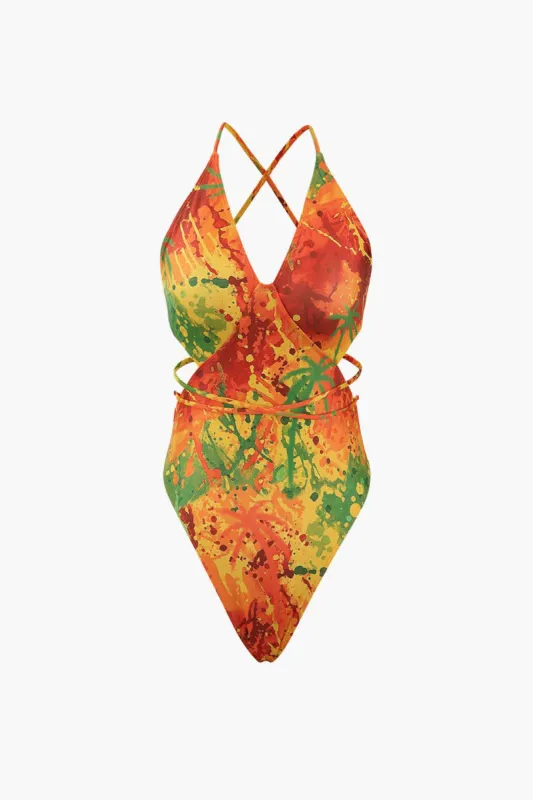 Abstract Print Cross Tie Back One-piece Swimsuit sold by Micas