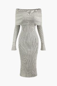 Off Shoulder Long Sleeve Rib Knit Midi Dress sold by Micas