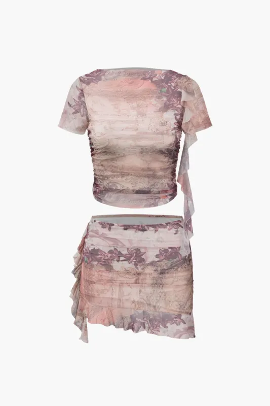 Floral Print Asymmetric Ruffle Top And Mini Skirt Set sold by Micas