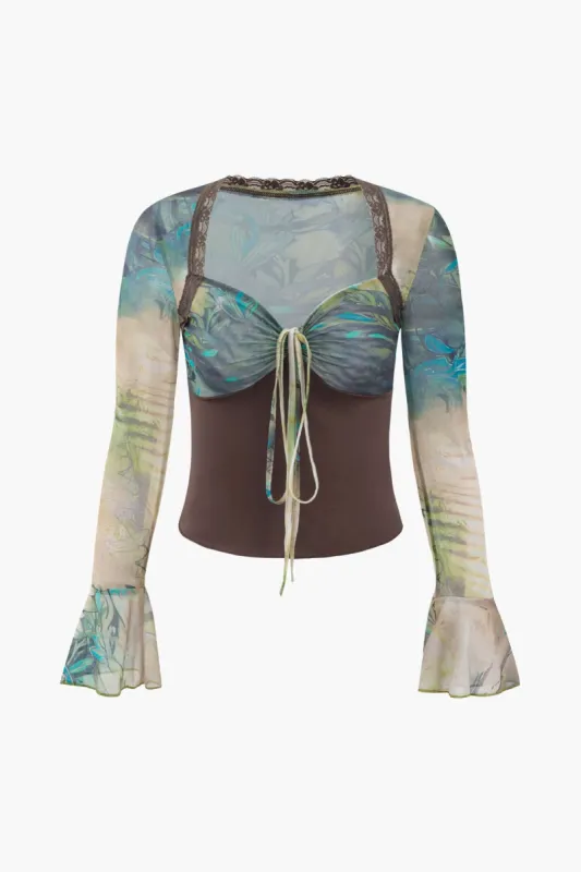 Printed Flare Sleeve Tie Front Mesh Top sold by Micas