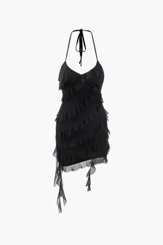 Halter Neck Mesh Ruffle Mini Dress sold by Micas