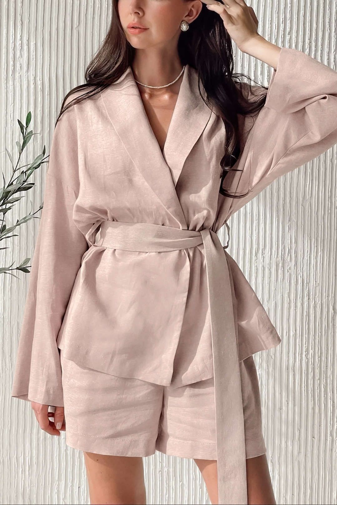 Solid Wrap Long Sleeve Shirt And Shorts Set sold by Micas