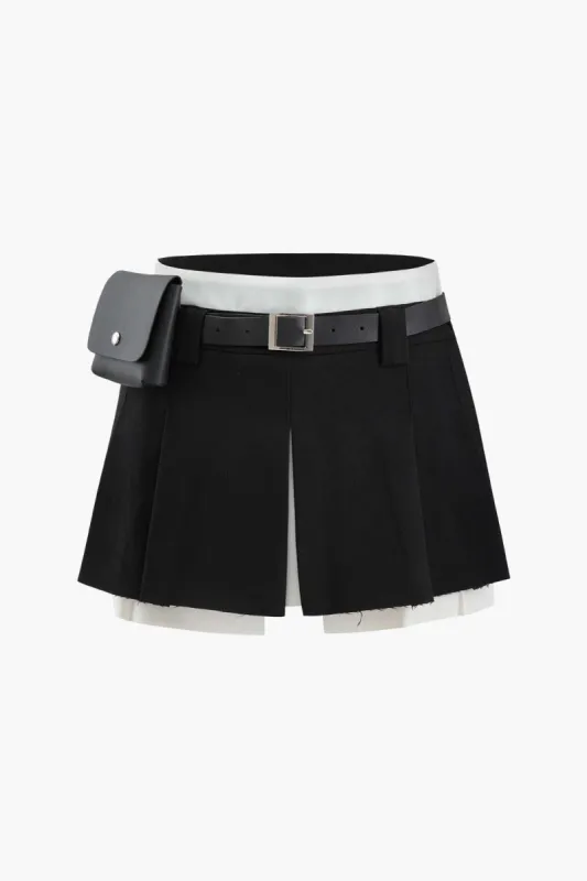 Contrast Pleated Raw Hem Mini Skirt With Belt made by Micas