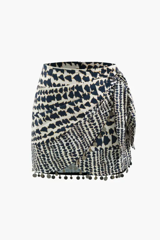 Printed Beaded Hem Knot Side Wrap Mini Skirt sold by Micas