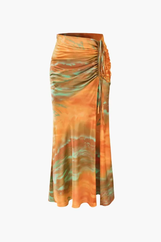 Abstract Print Drawstring Slit Midi Skirt sold by Micas