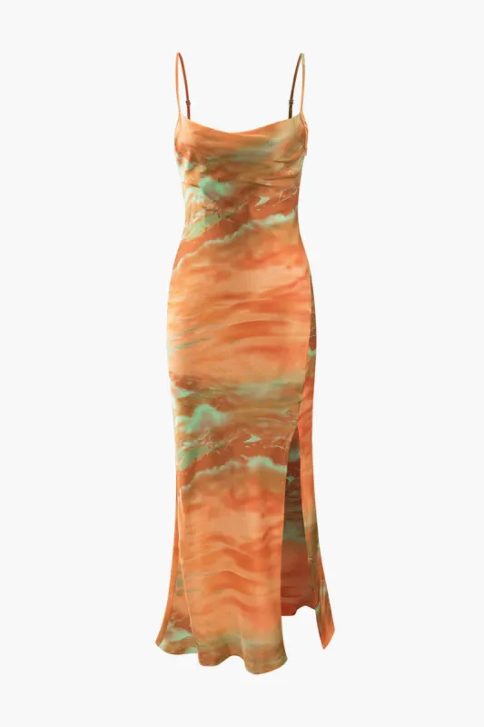 Abstract Print Cowl Neck Satin Slit Midi Dress sold by Micas