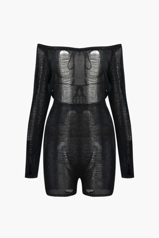 Off The Shoulder Destroyed Knit Romper sold by Micas