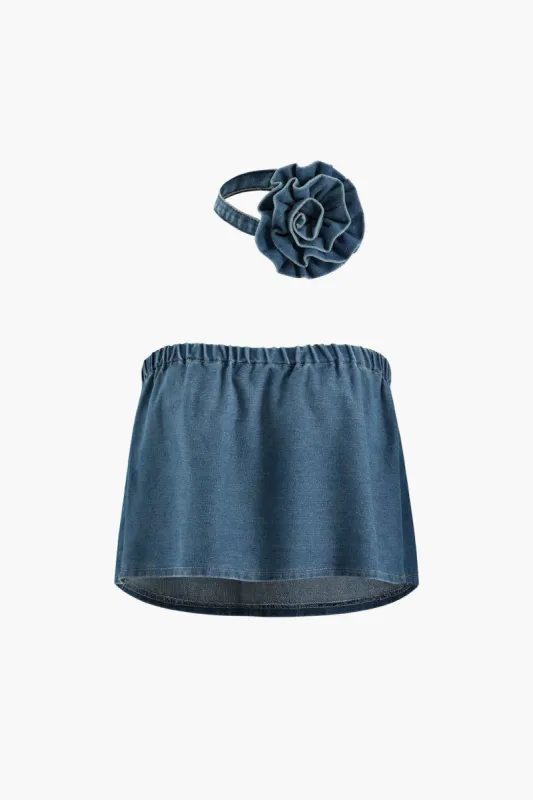 Elastic Frill Denim Tube Top And Rose Choker sold by Micas